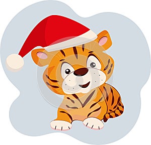 Illustration of a cartoon tiger cub wearing a Santa Claus hat.