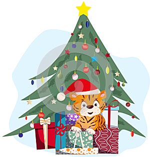 Illustration of a cartoon tiger in a Santa Claus hat sitting under a Christmas tree with gifts.