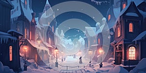 Illustration cartoon town with fairy-tale illuminated houses