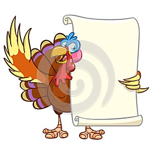 Illustration of a cartoon turkey character holding parchment scroll menu