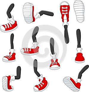 Cartoon walking feet in red sneakers on stick legs in various positions photo