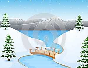 Cartoon winter landscape with mountains and small wooden bridge over river