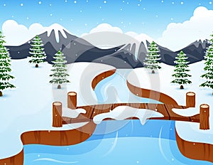 Cartoon winter landscape with mountains and small wooden bridge over river