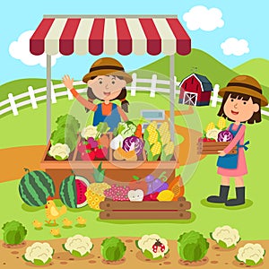 Illustration cartoon woman sells fresh vegetables and fruits photo