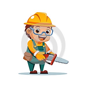 Cartoon construction worker with chainsaw on white background illustration