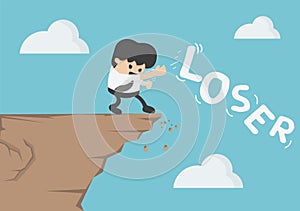 Illustration in cartoon  young businessman dumps message loser down the cliff photo