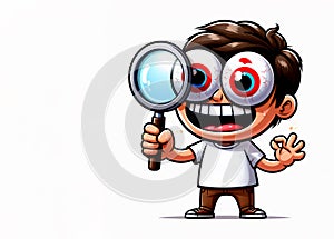 illustration cartoon young detective with a magnifying glass and cracked big round eyes