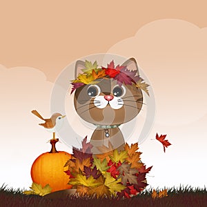 illustration of cat in autumn