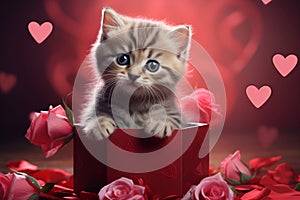 Illustration of a cat in a box with roses on a red background with hearts