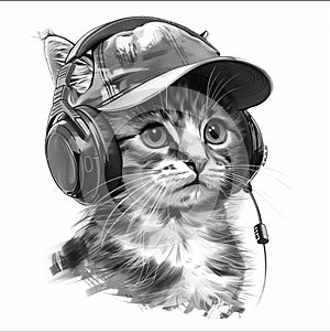 Illustration of cat in cap and headphones