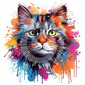 illustration of a cat with colorful splashes on white background. Generative AI