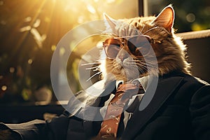 Cat dressed in a snazzy business suit, complete with stylish sunglasses. This feline executive exudes an air of authority and photo