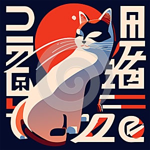 Illustration of a cat in a flat style with Japanese hieroglyphs generative AI