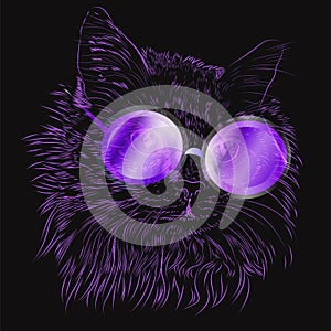 Illustration of a cat with glasses on a black background