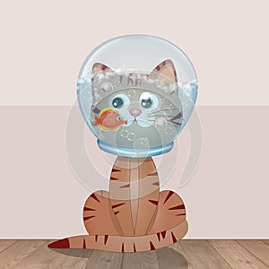 illustration of the cat with head in the aquarium