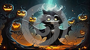 Illustration of a cat-headed, bat-winged ghost in a halloween forest with cartoon style photo