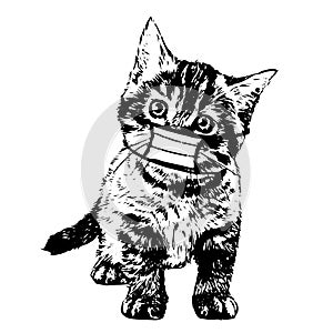 Illustration of cat with mask hand drawn