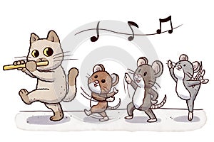 Flautist cat followed by three dancing rats photo