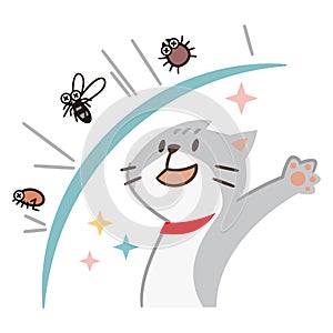 Illustration of a cat repelling pests on a white background