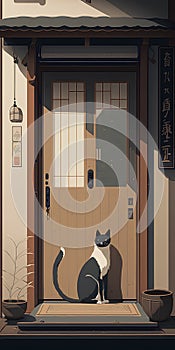 Illustration of a cat sitting on the front door of a Japanese house