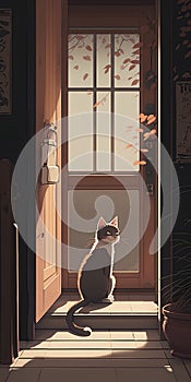 Illustration of a cat sitting in front of a door at night