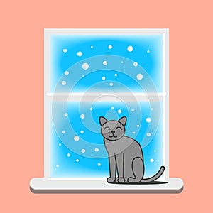 Illustration of the cat sitting on the window in winter.