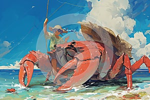 Illustration of catching crabs from a ship, close-up of large crabs