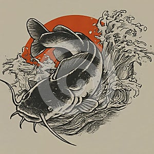 Illustration of a catfish, Japanese style