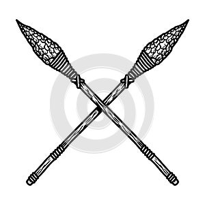 Illustration of Caveman stone lance in engraving style. Design element for poster, card, banner, sign.