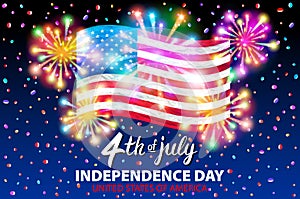 Illustration of a celebrating Independence Day Vector Poster. 4th of July Lettering. American Red Flag on Blue Background with Sta