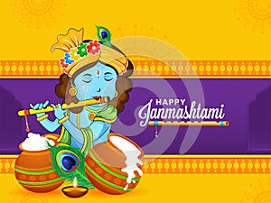 Illustration of celebration of Happy janmashtami festival of india, Lord krishna playing bansuri with his favourite dish at his