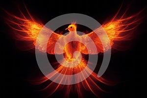 Illustration of a celestial phoenix in fire. Symbol of rebirth. Fenix with burning wings and feathers