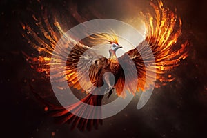 Illustration of a celestial phoenix in fire. Symbol of rebirth. Fenix with burning wings and feathers