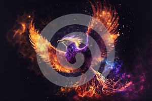 Illustration of a celestial phoenix in fire. Symbol of rebirth. Fenix with burning wings and feathers. Generative AI photo