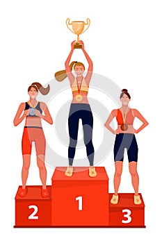 Illustration of ceremony of awarding trophy. Winners on the podium with award cup and medals.