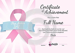 Illustration of certificate of achievement, this certifies that full name text with awareness ribbon