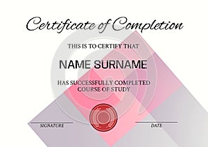 Illustration of certificate of completion, this is to certify that name surname text