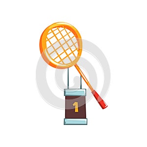 Illustration of champion golden trophy with tennis racket. Winner`s cup of sport competition in cartoon flat style