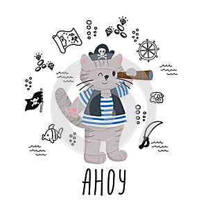 illustration character cat with doodle pirate bundle elements and .AHOY lettering