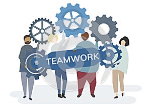 Illustration of character with cogwheel gears portraying teamwork concept