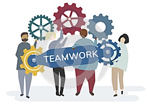 Illustration of character with cogwheel gears portraying teamwork concept