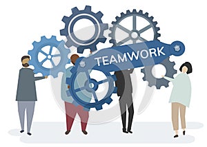 Illustration of character with cogwheel gears portraying teamwork concept