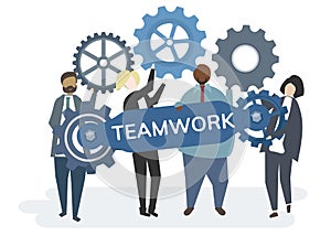 Illustration of character with cogwheel gears portraying teamwork concept