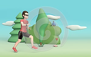 illustration of a character doing physical activity in the park with trees, clouds and birds