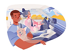 Illustration with characters, smiling couple and, or friends traveling on highways and country roads in their car.