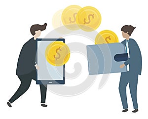 Illustration of characters transacting money