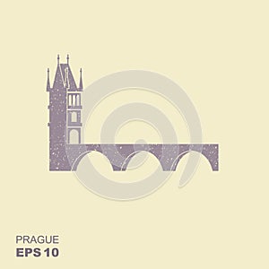 Illustration of Charles Bridge, Prague. Flat icon with scuffed effect