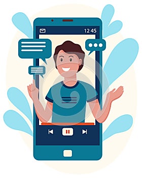 Illustration, a cheerful blogger guy broadcasts from the phone, vlogs on an abstract background.Modern concept