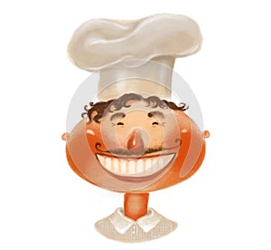Illustration of a cheerful cartoon chef in a light hat, with a smile on his face. Funny bright character