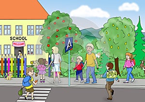 Illustration of cheerful children with parents going to school